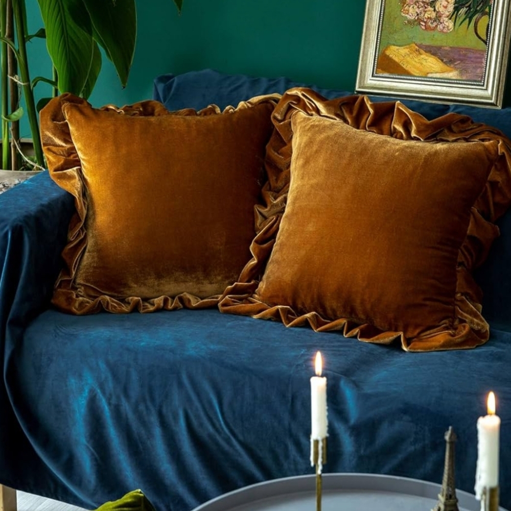 NWT 2 Luxury Velvet Square Pillow Covers With Rufle Trim In Golden Camel 18"